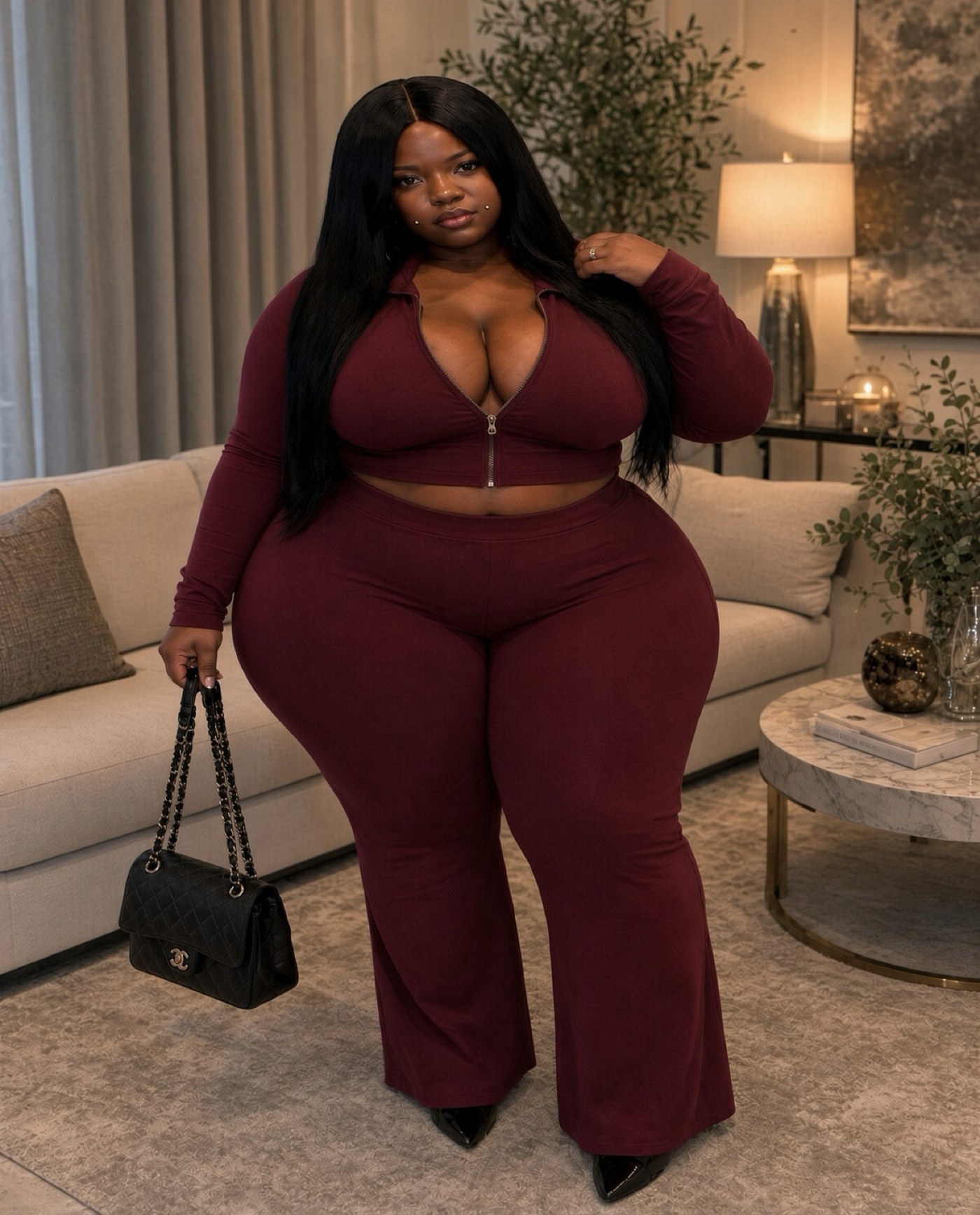 Starla Love in a burgundy zip set, ready to connect