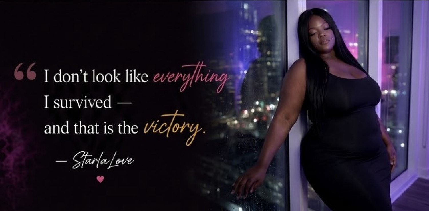 Starla Love at a rain-streaked window: I don’t look like everything I survived — and that is the victory.